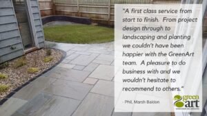 Image of designed and landscaped garden, with testimonial over the top