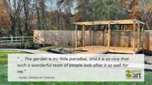 Image of garden design, built and now cared for by GreenArt, Testimonial over the image.