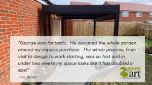 New Build Garden Design and Landscaping image with testimonial over the top