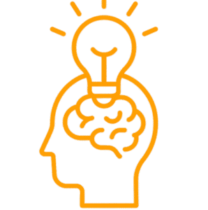 Orange icon of head with lighbulb on it