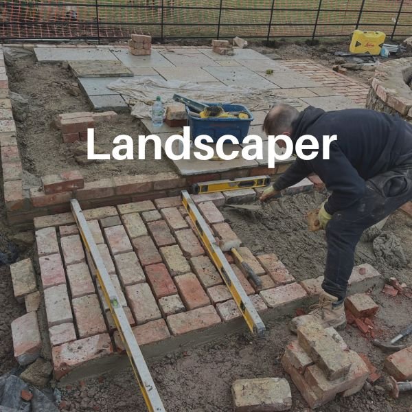 Landscaper building brick path with words Landscaper overlayed