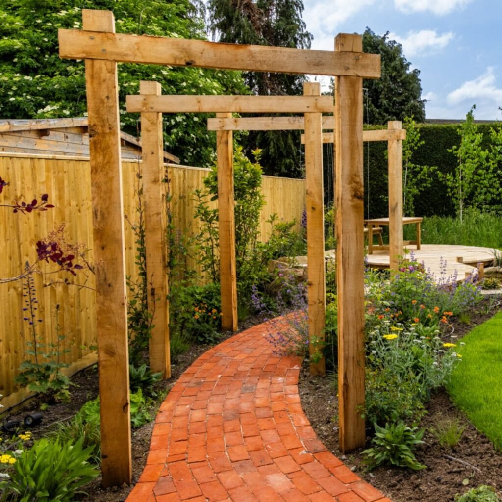 image of trellises along a garden path